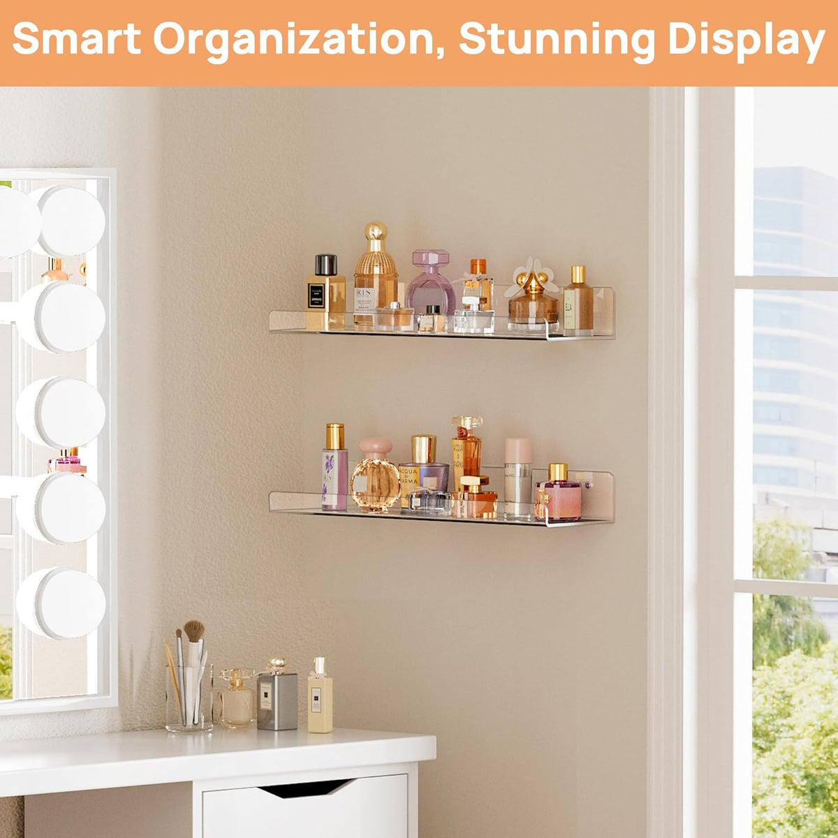 upsimples Acrylic Shelves for Bathroom Storage, 15" Floating Shelves Wall Organizer for Perfume