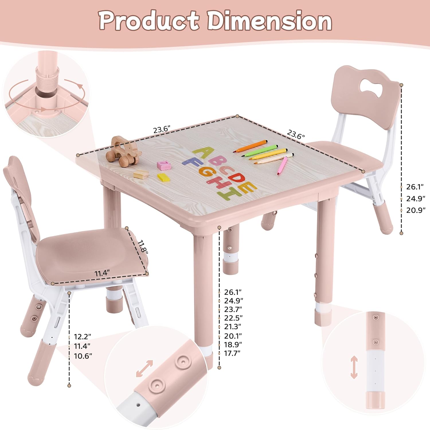 Toddler Table and Chair Set, Height Adjustable-Upgrade Kids Table and 2 Chairs for Ages 3-8