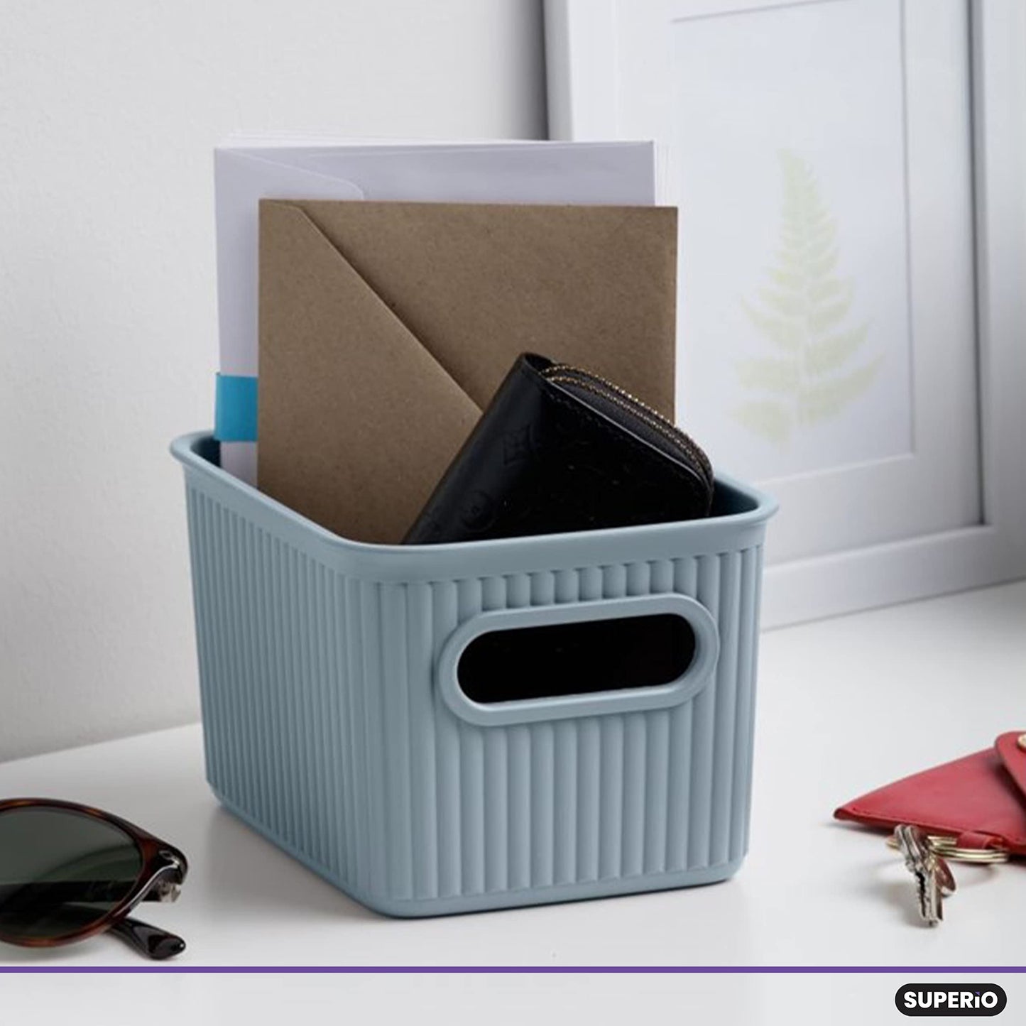 Superio Ribbed Collection - Decorative Plastic Basket Open Home Storage Bins Organizer, Small Blue