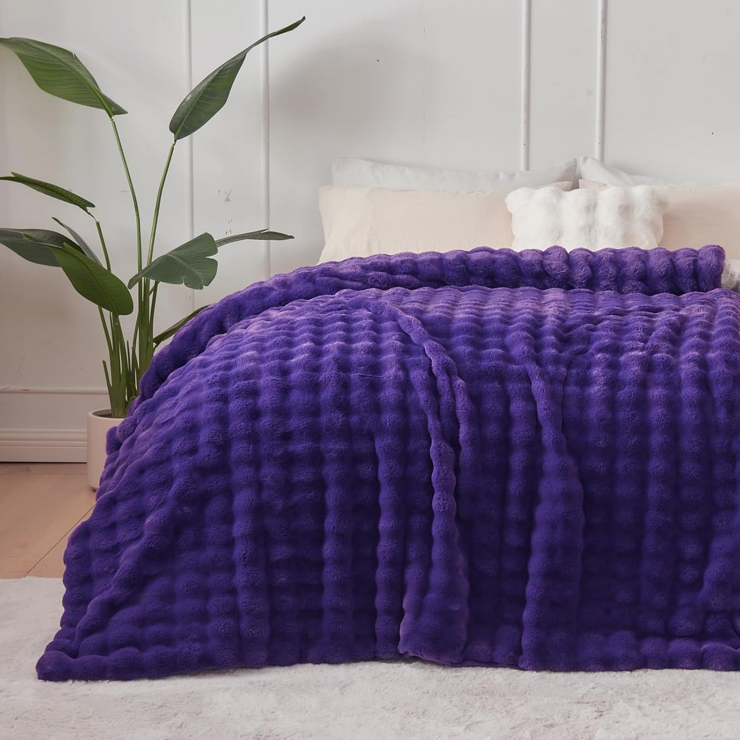 NEWCOSPLAY Faux Fur Twin Blanket Purple Bubble Blanket Thick Warm Soft for Couch Sofa Bed 550GSM