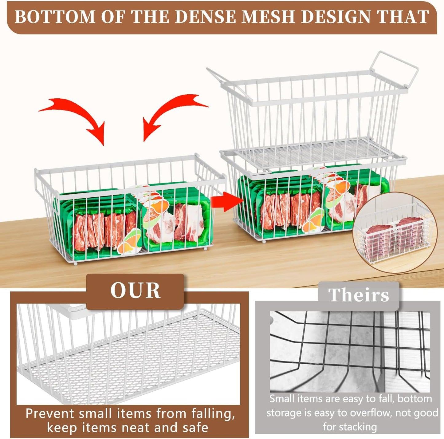 6 Pack Stackable Deep Freezer Organizer Bins ，Upgraded Bottom Leak-Proof net，Encryption and
