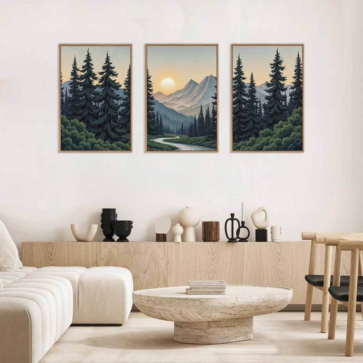 HLNIUC Mountain Forest Sun Framed Wall Art,Large Boho Pine Tree Canvas Wall Decor Set of