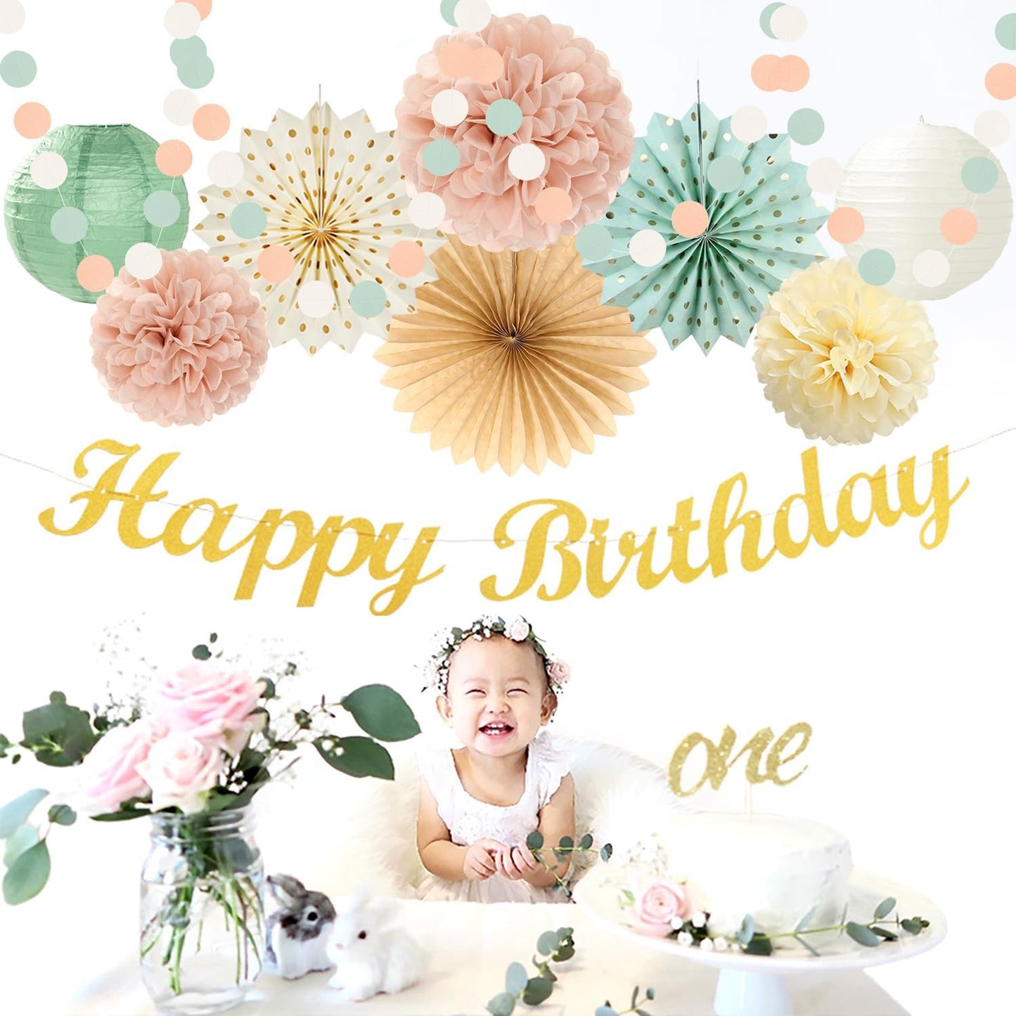 Sage-Green Blush-Pink Beige Birthday Party-Decorations - 21pcs Happy Banner,Cream Light Dusty Pink