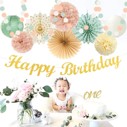 Sage-Green Blush-Pink Beige Birthday Party-Decorations - 21pcs Happy Banner,Cream Light Dusty Pink