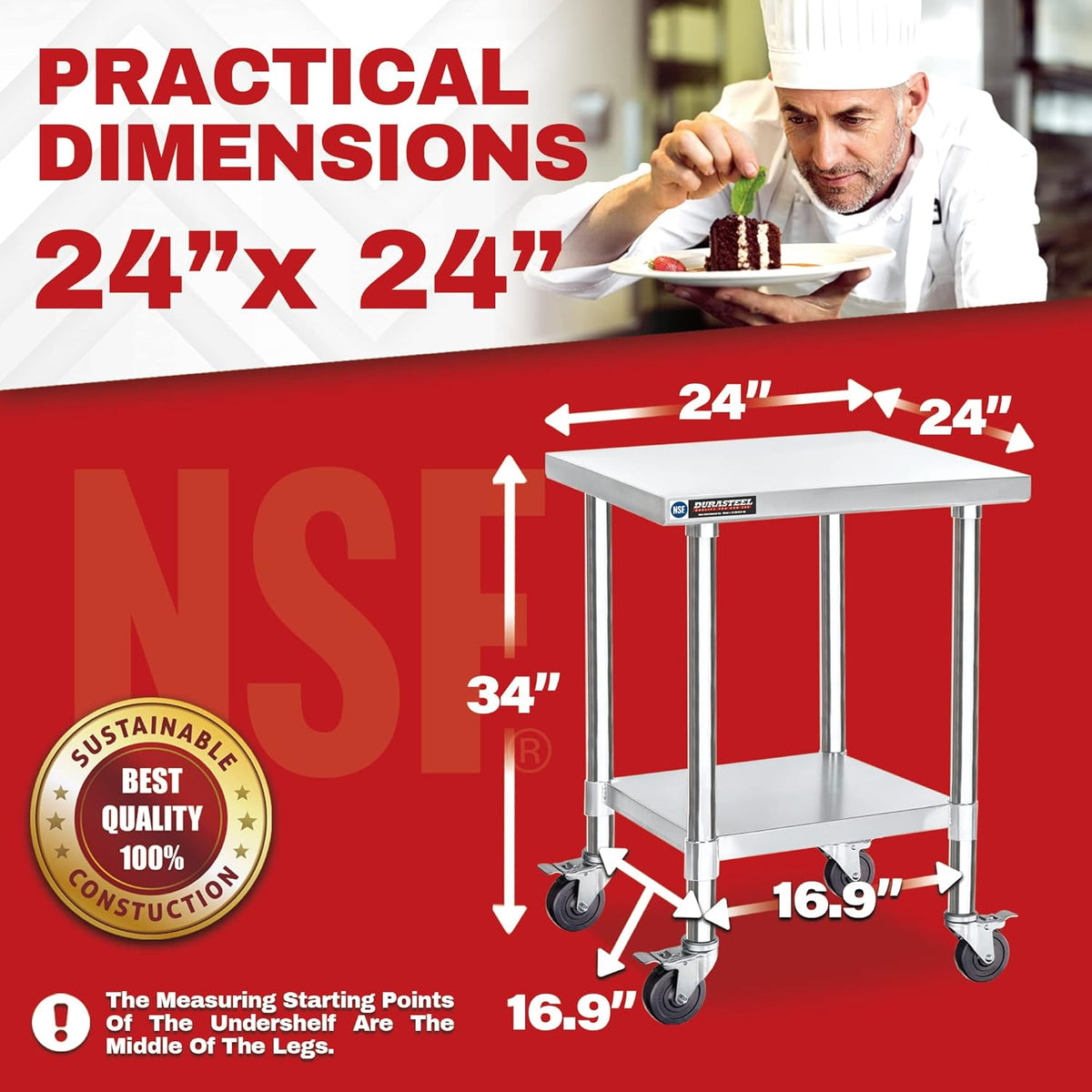 DuraSteel 24x24 NSF Stainless Steel Cart Work Table - Heavy Duty Rolling Food Prep Table - Metal