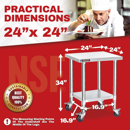 DuraSteel 24x24 NSF Stainless Steel Cart Work Table - Heavy Duty Rolling Food Prep Table - Metal