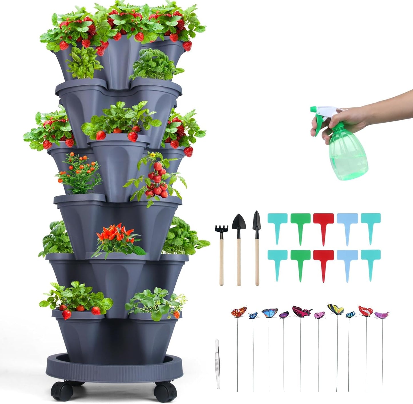 Vertical Planter, 6 Tier Stackable Strawberry Planter with Garden Tool Set, Movable Indoor/Outdoor