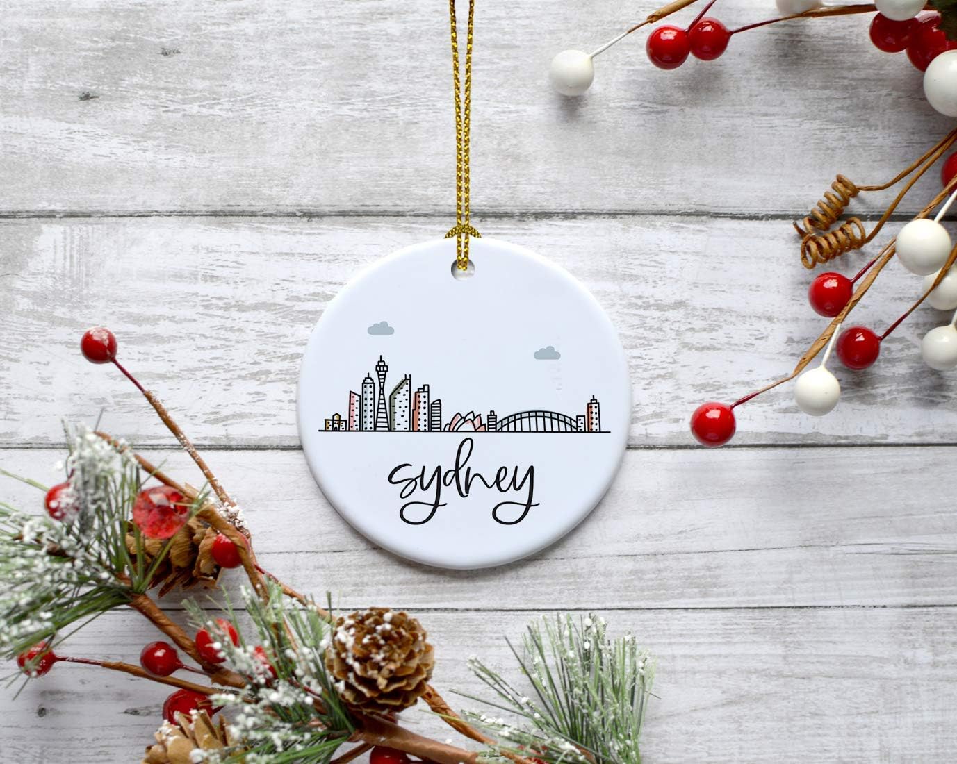 Andaz Press Round Ceramic Porcelain Christmas Tree Ornament Keepsake Gift, Sydney, Colorful