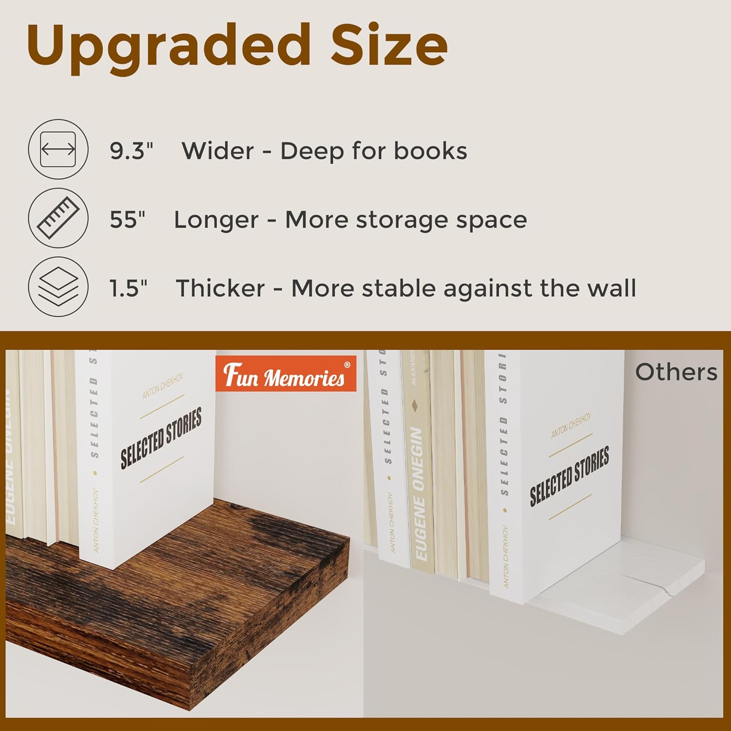55 Inch Floating Shelves Set of 2, Rustic 55 x 9 Floating Shelf for Wall, 9 Inch Deep Wall Shelves