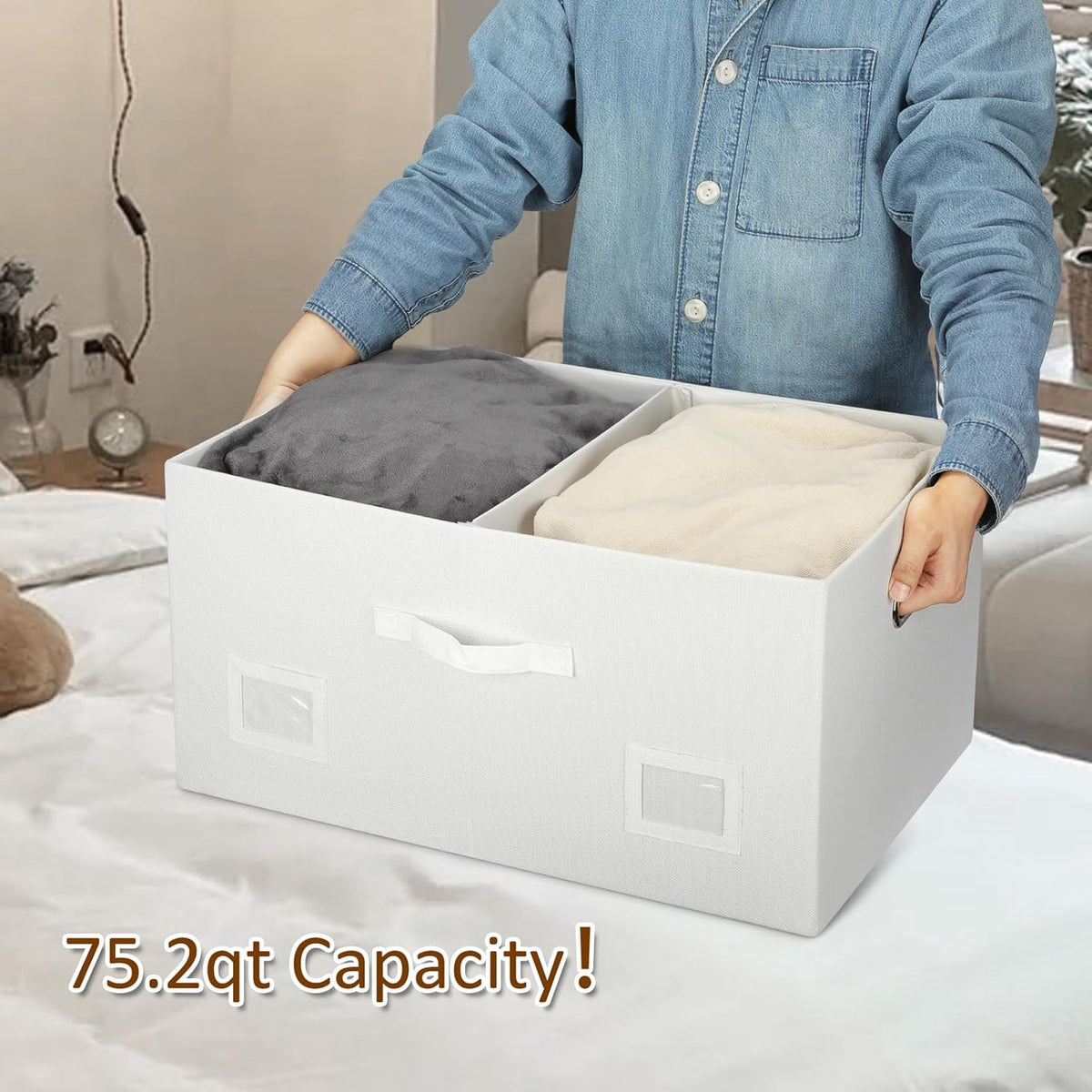 75 Quarts Extra Large Decorative Storage Bins with Lids, 1 Pack White Collapsible Storage Bins with