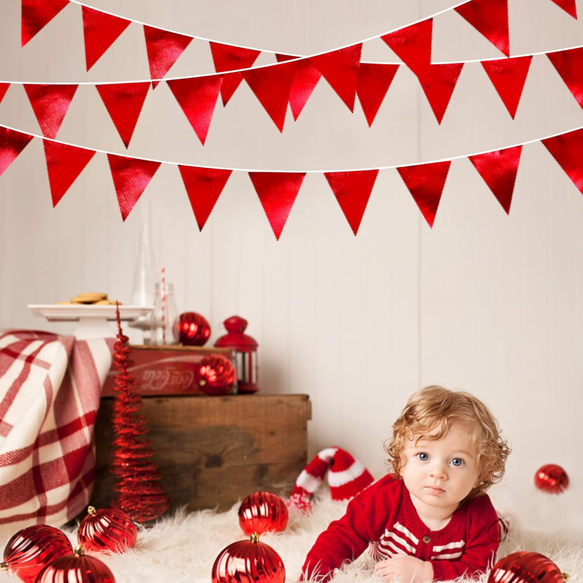 Red Party Decorations Triangle Pennant Banner Flag Dark Red Metallic Fabric Bunting Garland for