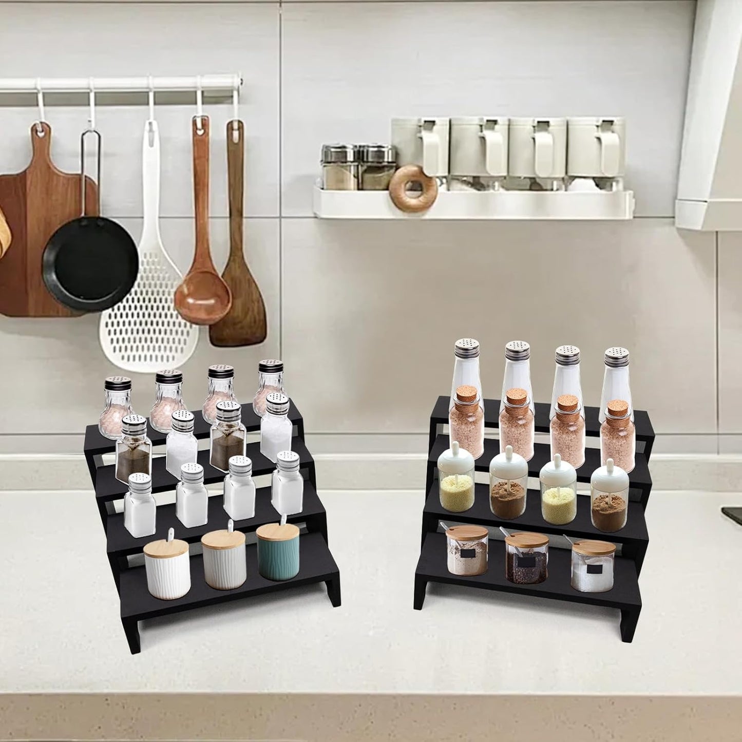 Large Display Wood Risers Wooden Stand 8 Tier Wood Racks Decorative Rectangular, 2 Set 8 Piece