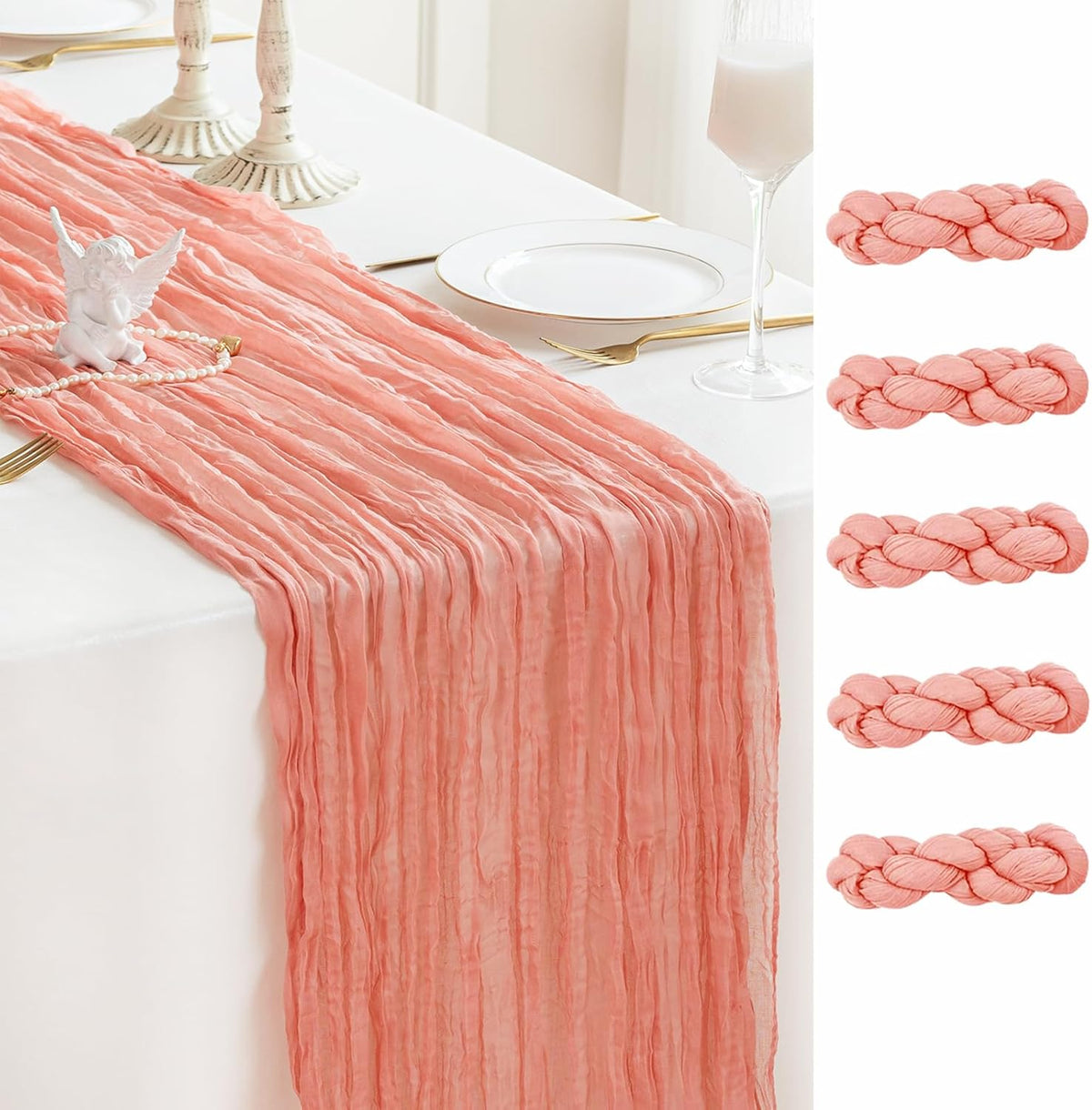 Sioloc 5 Pack Peach Coral Cheesecloth Table Runner Fall Autumn Decor for Home 10ft Table Cloth for
