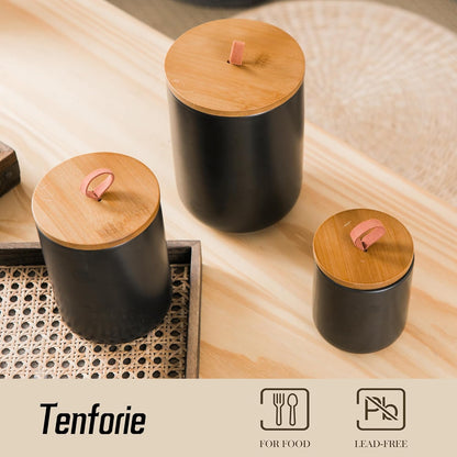 Black Canister Sets for Kitchen, 3pcs Ceramic Canisters with Airtight Wooden Lid, Food Storage Jar