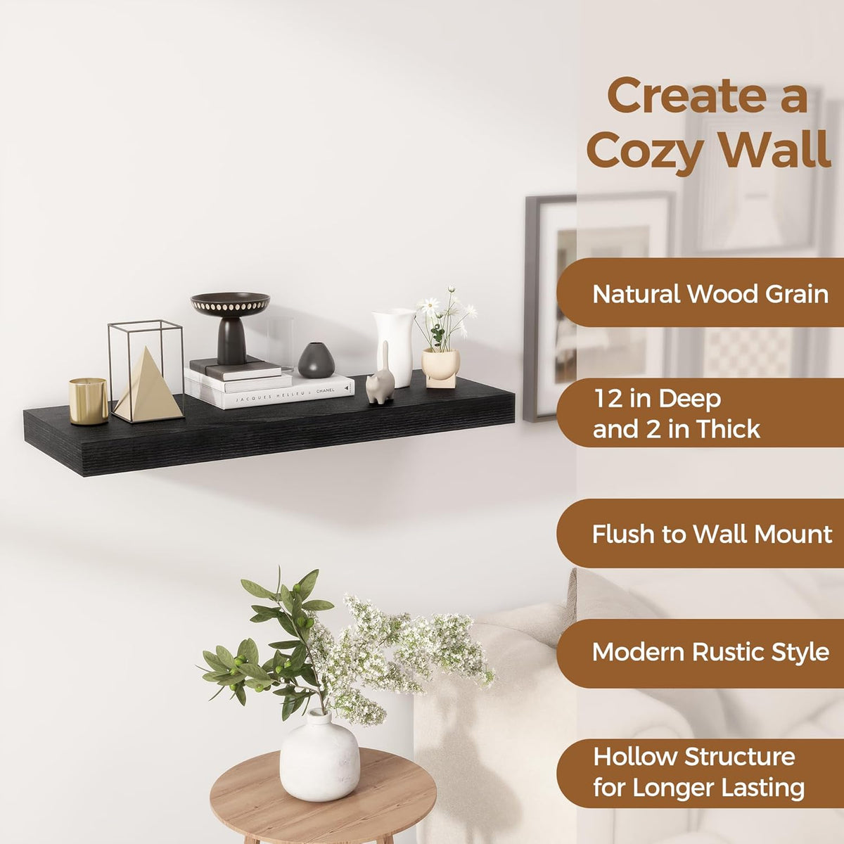 Fun Memories 30 Inch Floating Shelves Black, 12 Inch Deep Floating Shelf for Books, 30 x 12 x 2