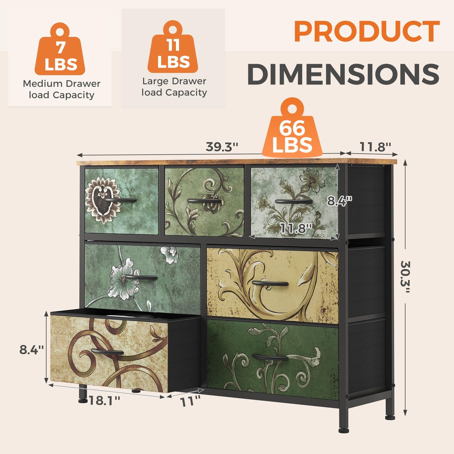 Sweetcrispy 7 Drawer Dresser for Bedroom Storage, Fabric Bins, Floral Print