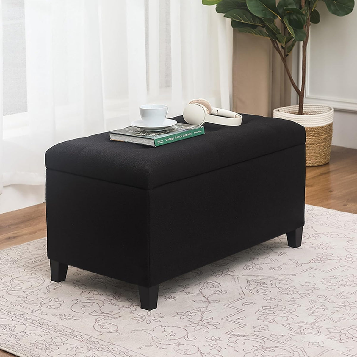 Asense Storage Ottoman Bench, Tufted Fabric Upholstered End of Bed Bench with Safety Hinge Wooden