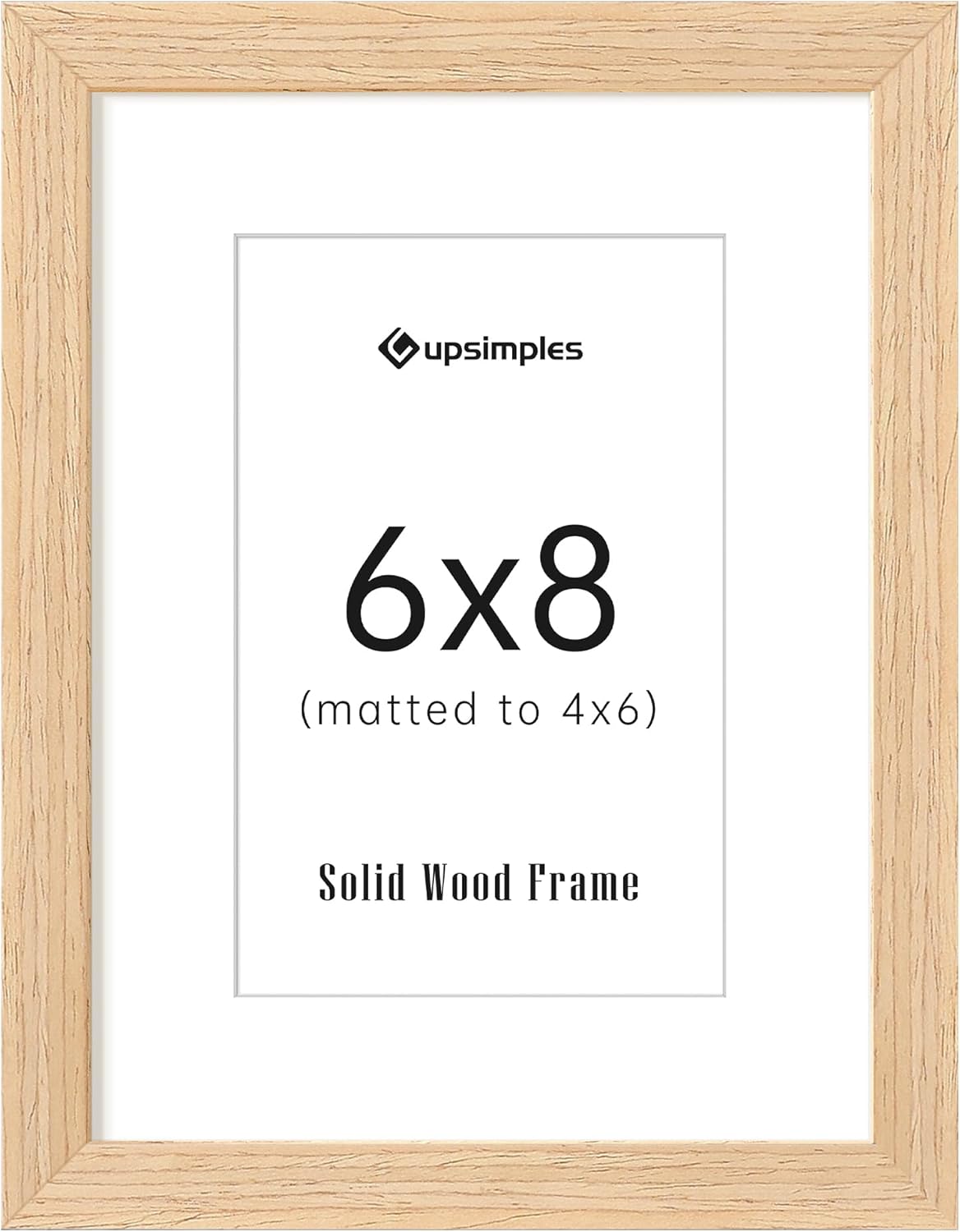 upsimples 6x8 Picture Frame, Natural Solid Wooden Picture Frames, Display 4x6 with Mat or 6 x 8