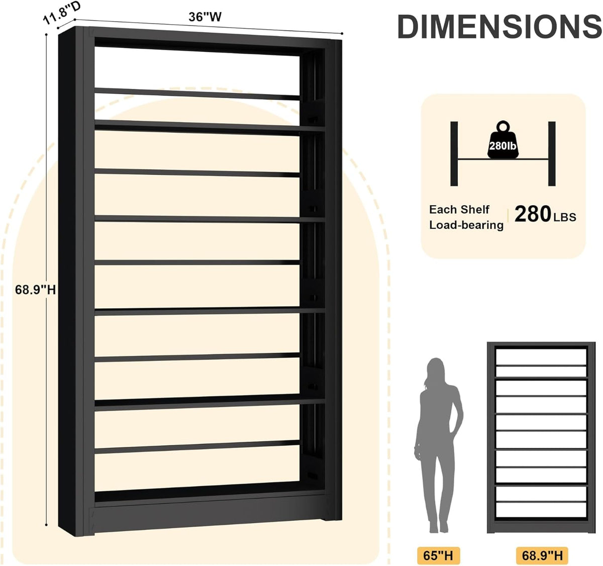 Large Metal Bookcase, 69” Modular Bookshelf with Storage, 5 Tier Bookcase with Adjustable Shelves