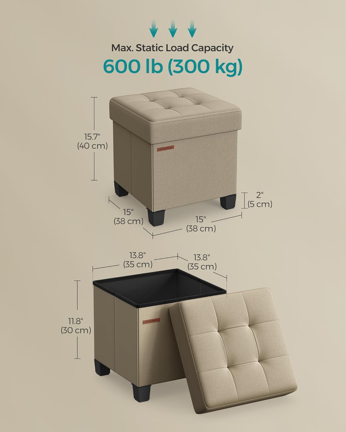 SONGMICS Storage Ottoman, Small Ottoman Foot Rest with Legs, 15 x 15 x 15.7 Inches Foot Stool, Load