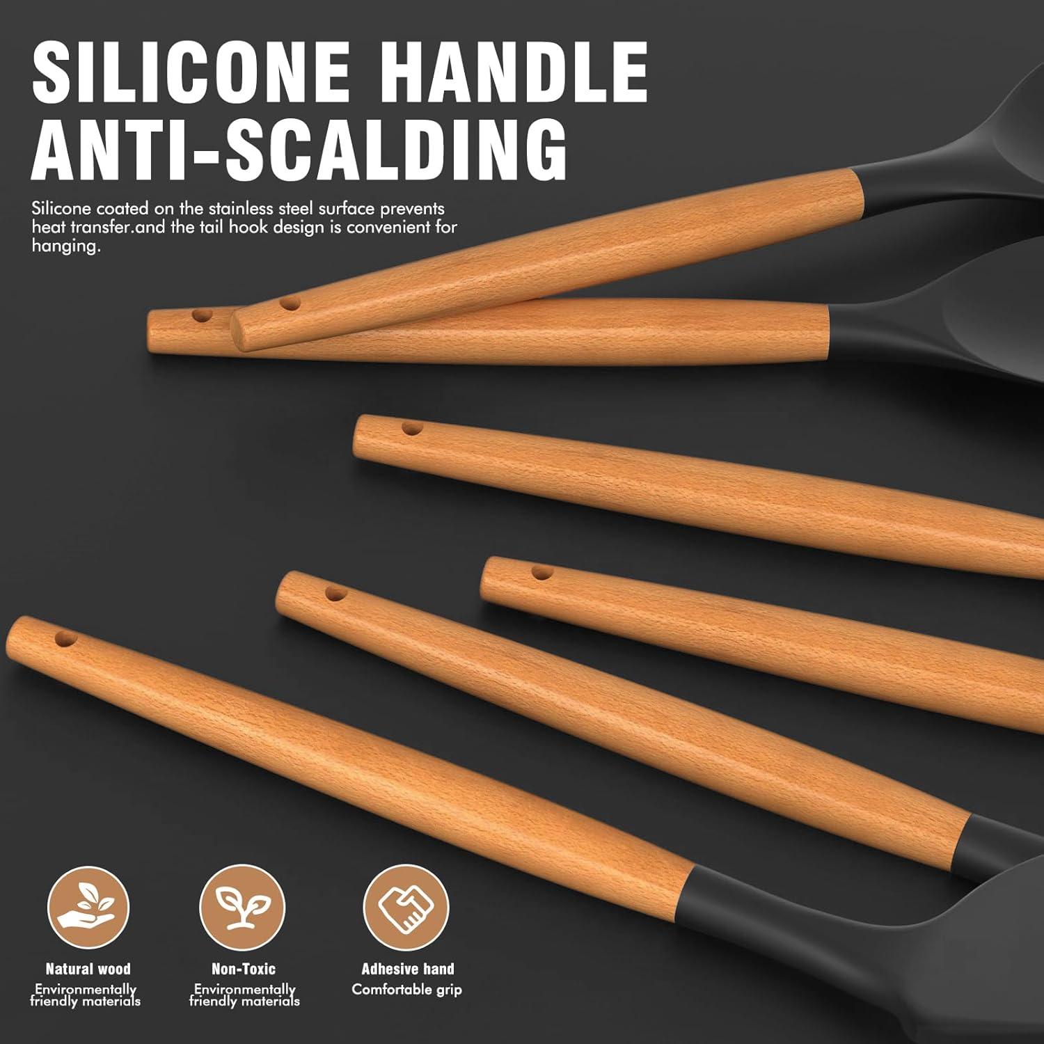 Silicone Cooking Utensils Set - Silicone Kitchen Utensils for Cooking Wooden Handles, 446°F Heat