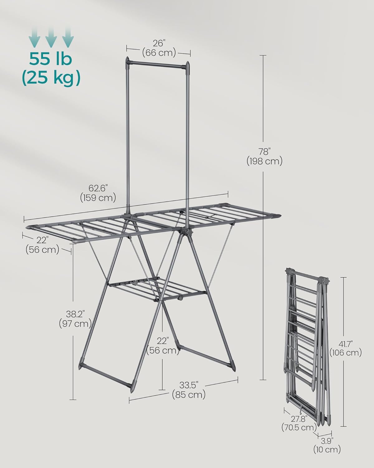 SONGMICS Clothes Drying Rack, Foldable 2-Level Laundry Drying Rack, Free-Standing Airer, 1
