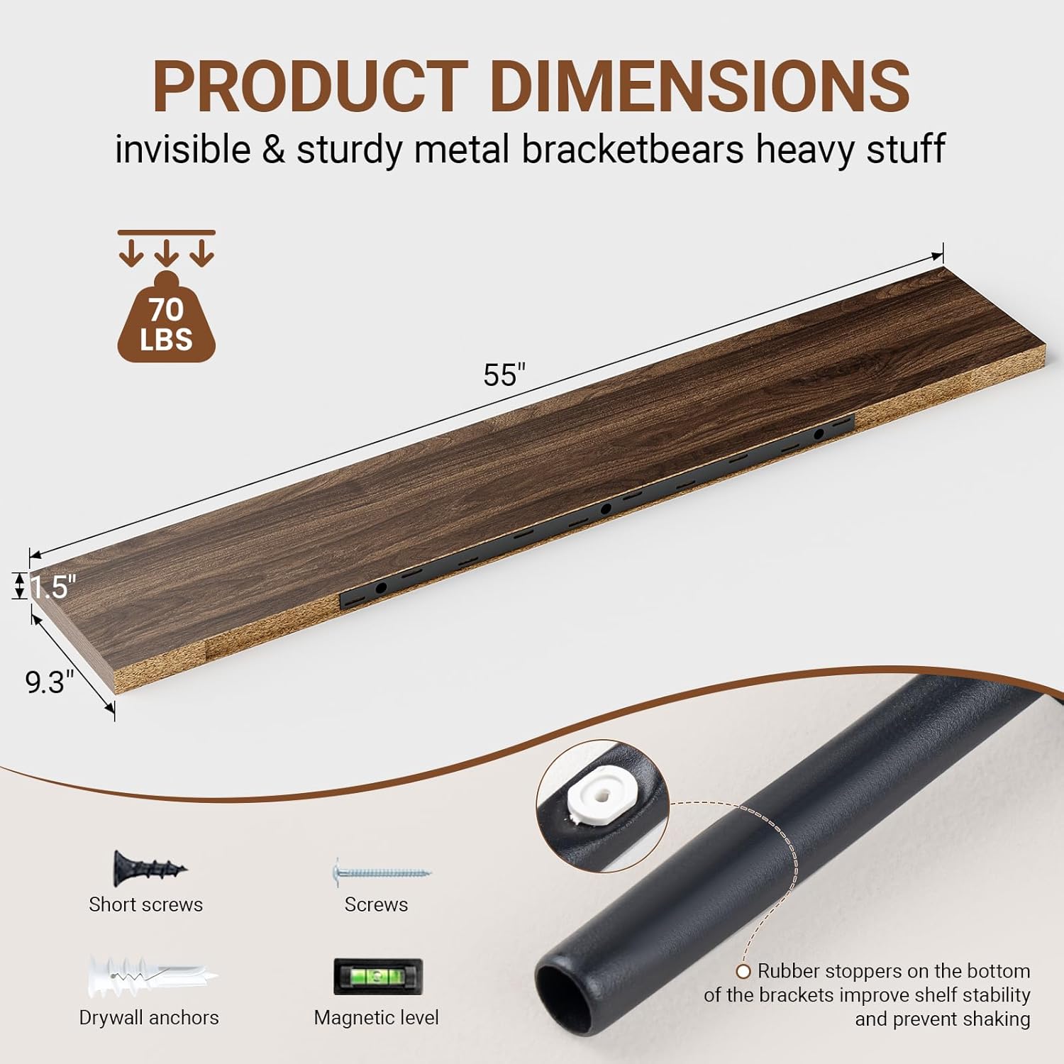 Heimlove 55 Inch Long Floating Shelves for Wall,9.3" Deep Walnut Floating Shelf Set of 2,Large