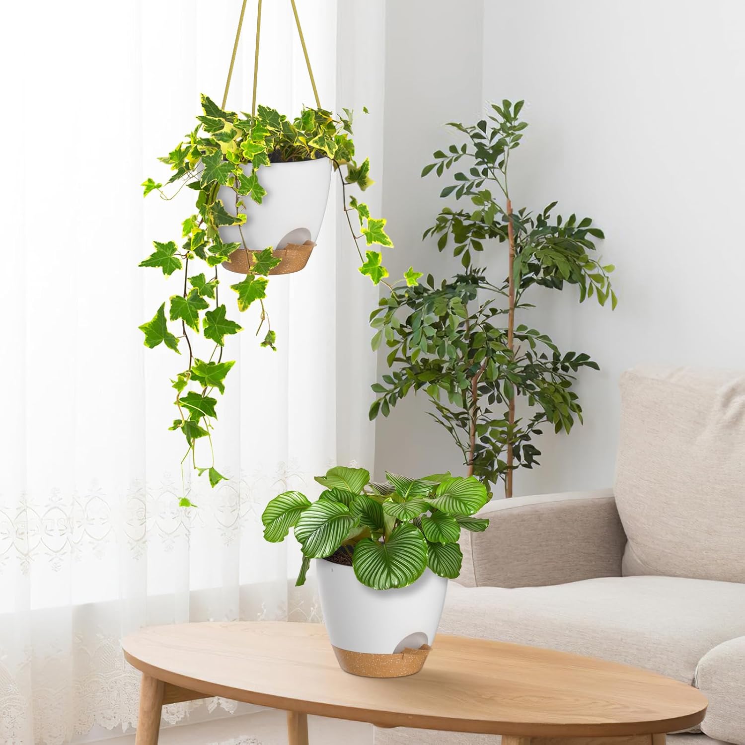 ZMTECH 8 Inch Hanging Planters for Indoor Outdoor Plants, 2 Pack Self Watering Hanging Plant Pots