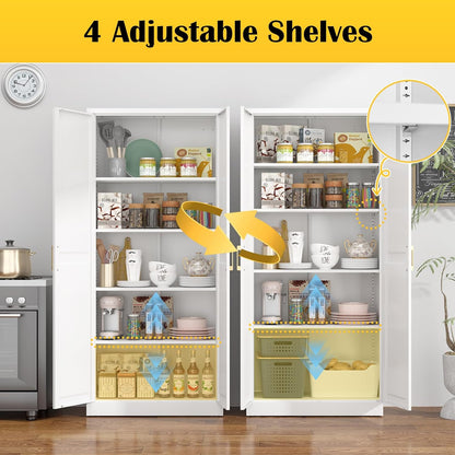 Kitchen Pantry Cabinet,71”White Metal Pantry Storage Cabinet with Doors and 4 Adjustable