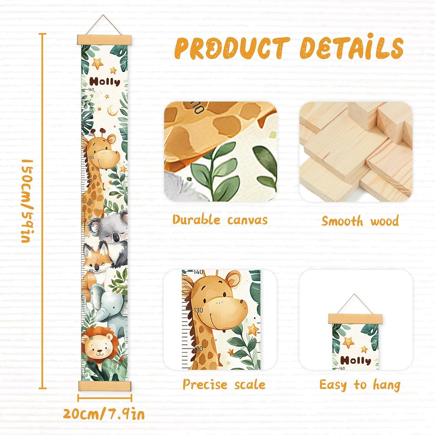 Personalized Name Growth Chart Wall Decor for Kids – Canvas Removable Height Chart Measuring Ruler