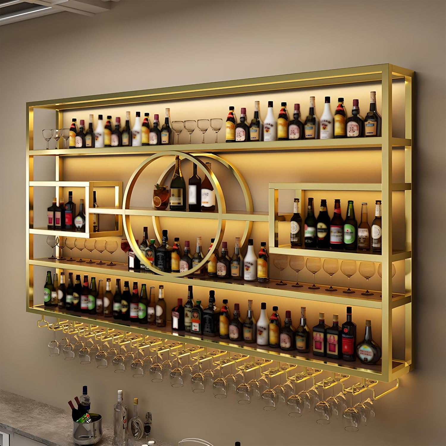 55.1in Wall Mounted Wine Rack, Modern Metal Wine Bottle and Glass Holder, Iron Display Stand