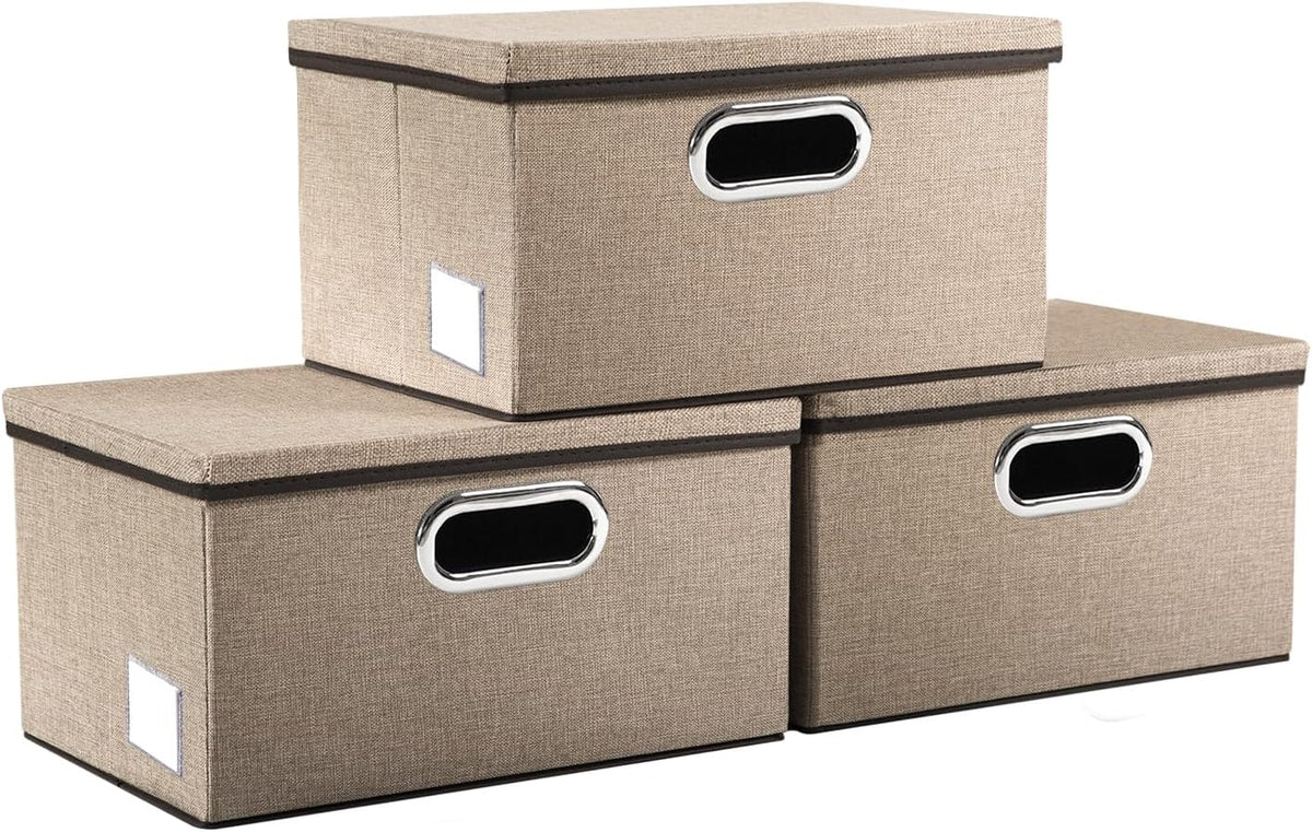 PRANDOM Storage Bins with Lids [3-Pack] Jute Fabric Foldable Storage Boxes Organizer Containers