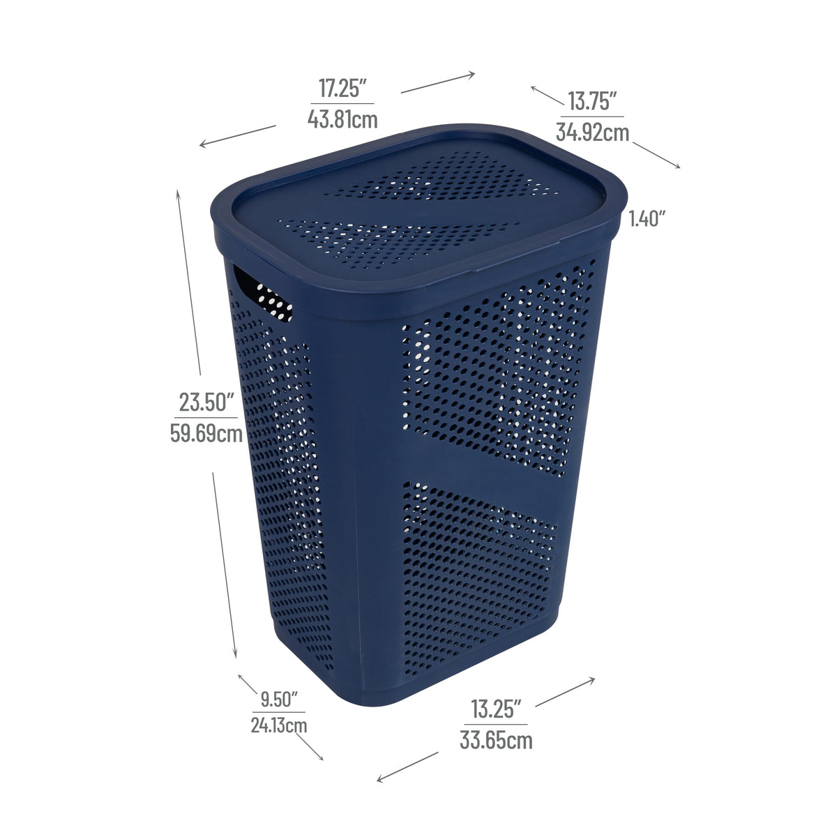 Mind Reader Slim Laundry Hamper with Lid, 60L Clothes Basket, Ventilated Plastic, Navy
