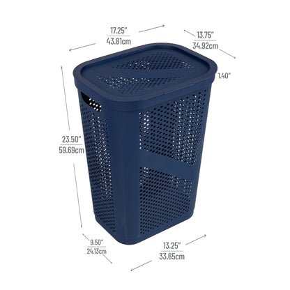 Mind Reader Slim Laundry Hamper with Lid, 60L Clothes Basket, Ventilated Plastic, Navy