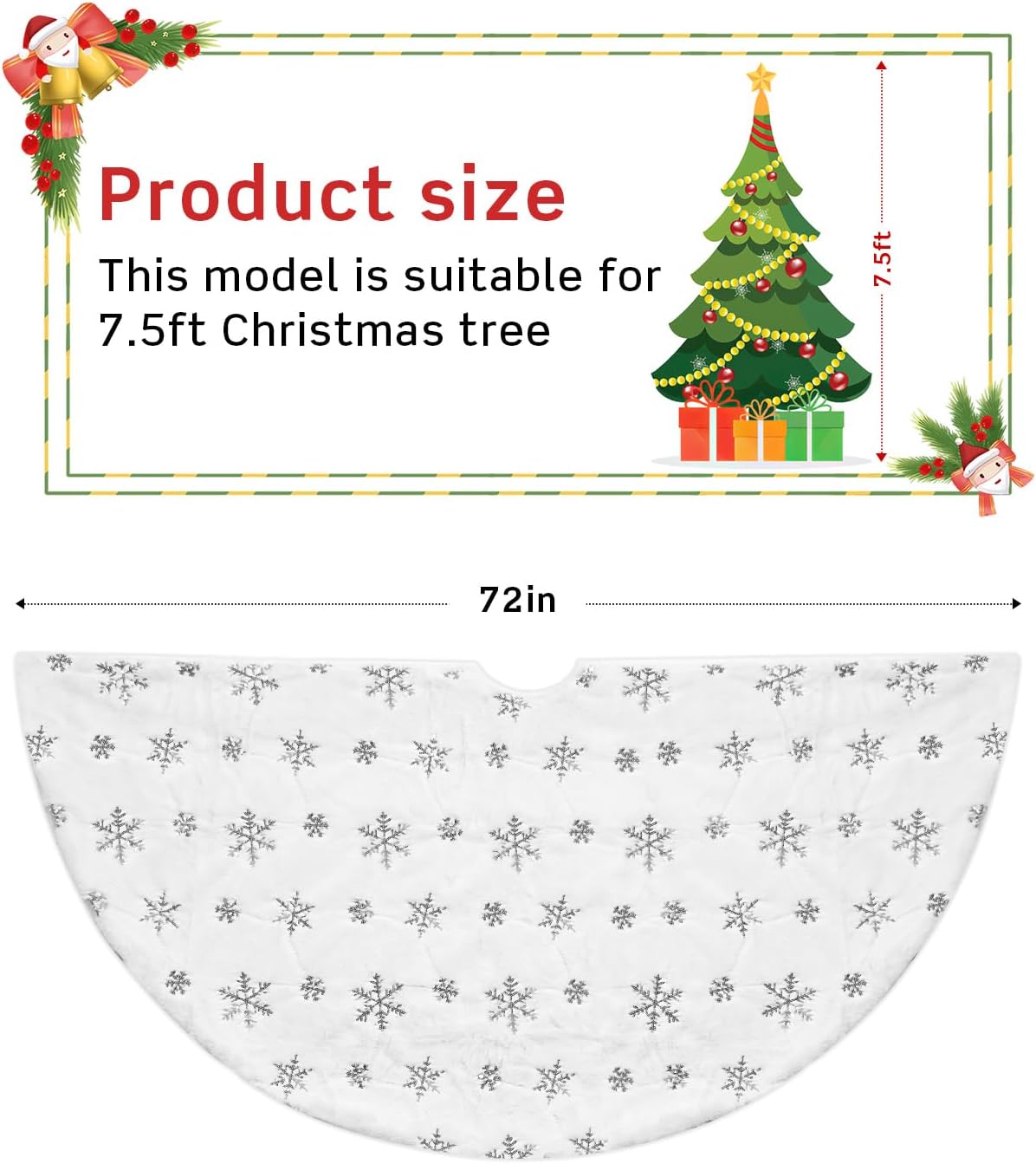 COOLWUFAN 72 Inches Christmas Tree Skirt for Xmas Tree Holiday Party Decorations White Plush Silver