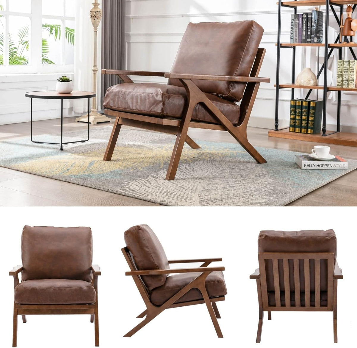 HNY Mid Century Arm Chair, Retro Accent Armchair with Wood Frames & Faux Leather Upholstered