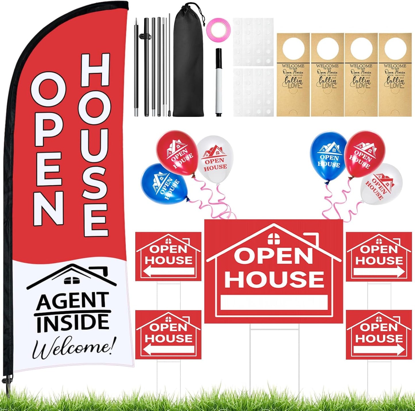 44 Pcs Open House Signs for Real Estate Agent Supplies, Double Sided Open House Flag with Poles