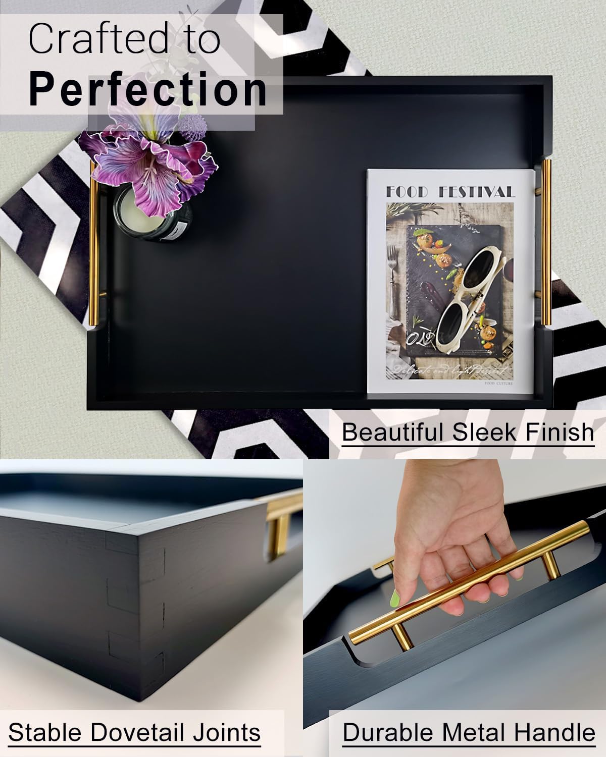 22 Inch Rectangle Black Ottoman Tray with Gold Metal Handles, Extra Large Wooden Serving Tray for
