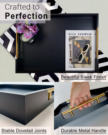 22 Inch Rectangle Black Ottoman Tray with Gold Metal Handles, Extra Large Wooden Serving Tray for