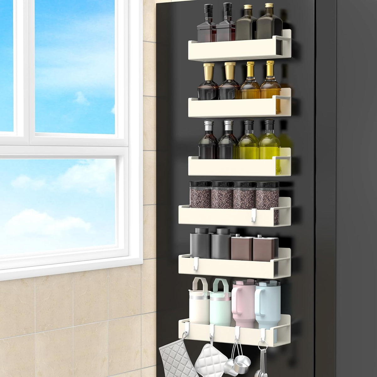 6 Pack Magnetic Spice Rack Organizer for Refrigerator and Oven, Cream White Fridge Organizers and