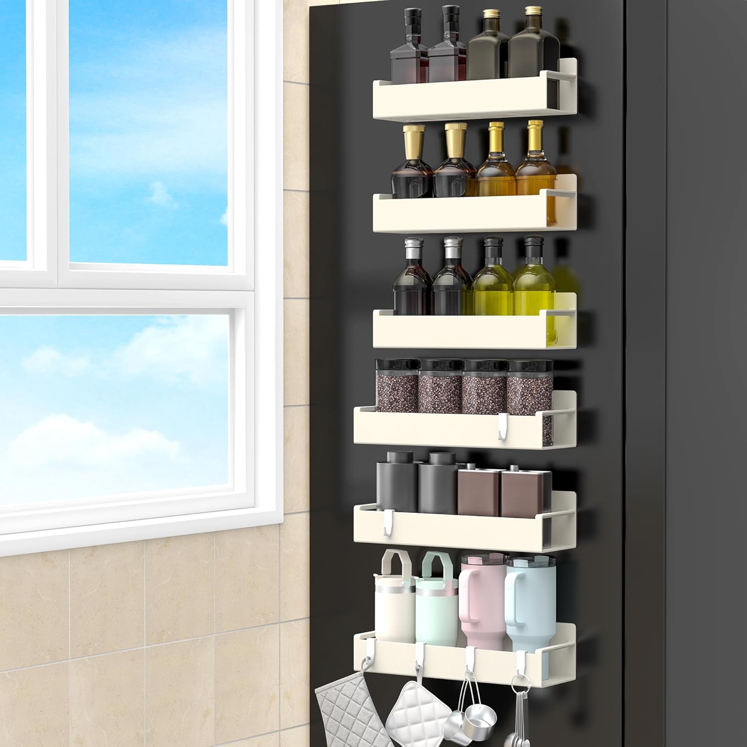 6 Pack Magnetic Spice Rack Organizer for Refrigerator and Oven, Cream White Fridge Organizers and
