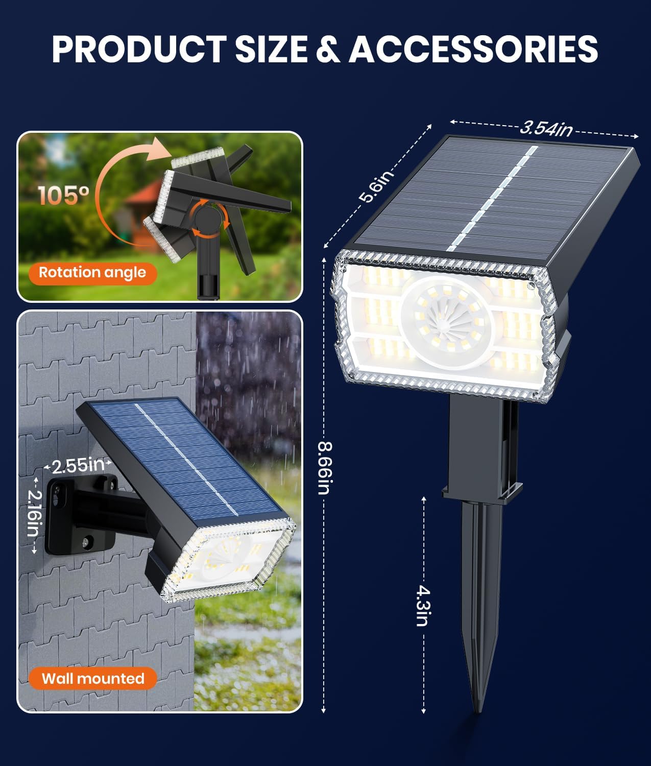 Solar Spotlights Outdoor Waterproof IP67,4 Pack Adjustable Wall&Ground Solar Lights Powered with 3