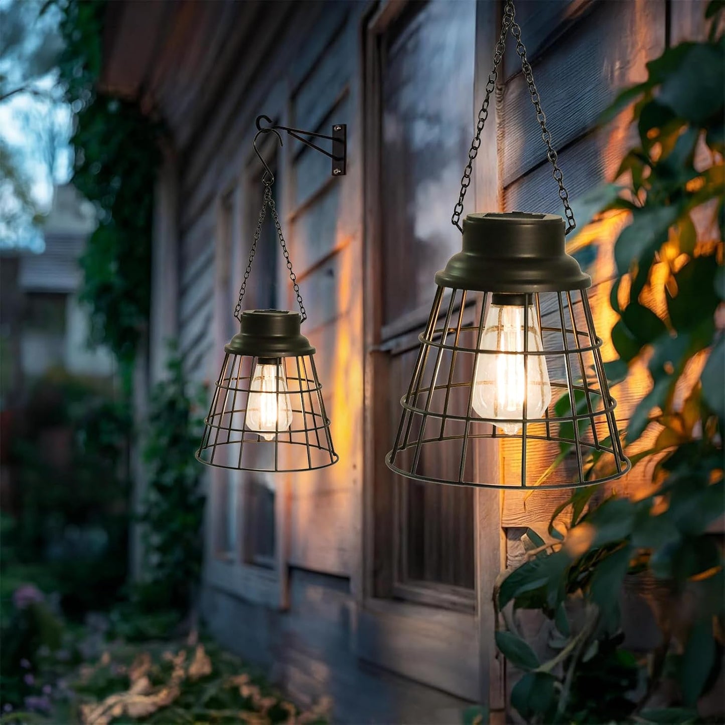 2 Pack Solar Lanterns Outdoor Waterproof , Metal Cage Design with Replaceable LED Bulb, Waterproof
