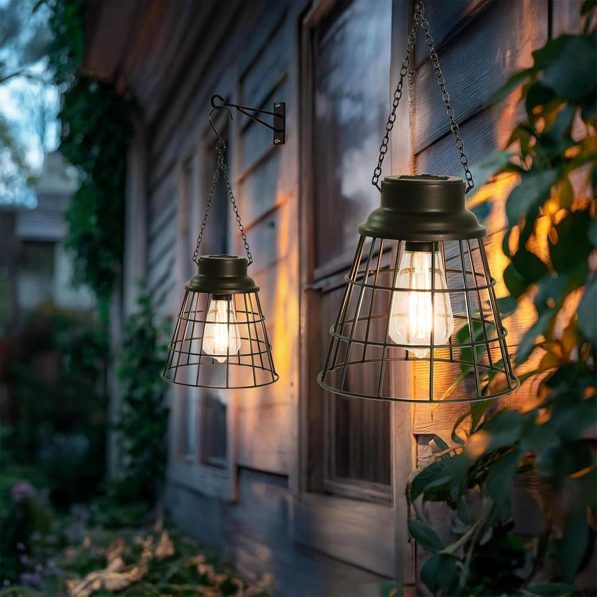 2 Pack Solar Lanterns Outdoor Waterproof , Metal Cage Design with Replaceable LED Bulb, Waterproof