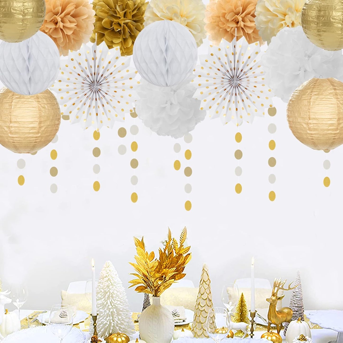 White Gold Party Decorations Streamers - 14pcs Christmas Wedding Engagement Paper Lanterns