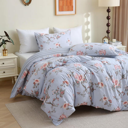 ABREEZE Floral Duvet Cover Queen Size Set Bird Flowers Bedding Set 100% Brushed Cotton Bedding