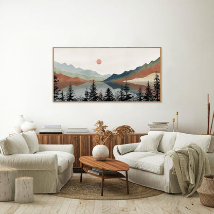 Tinonedraw Boho Mountain Framed Canvas Wall Art Set, Watercolor Nature Landscape Wall Decor