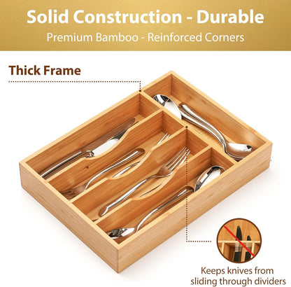 Umilife Bamboo Kitchen Drawer Organizer, 11 Inch Silverware Utensils Tray Holder with Grooved