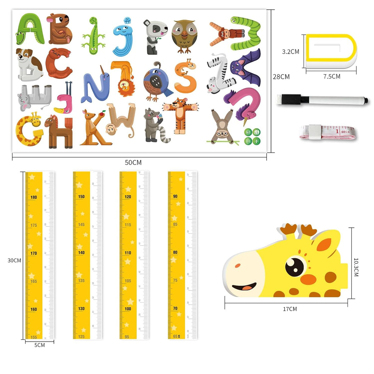 Kids Growth Chart Height Measure Wall Decal Animal Alphabet Stickers Giraffe Design Removable Wall