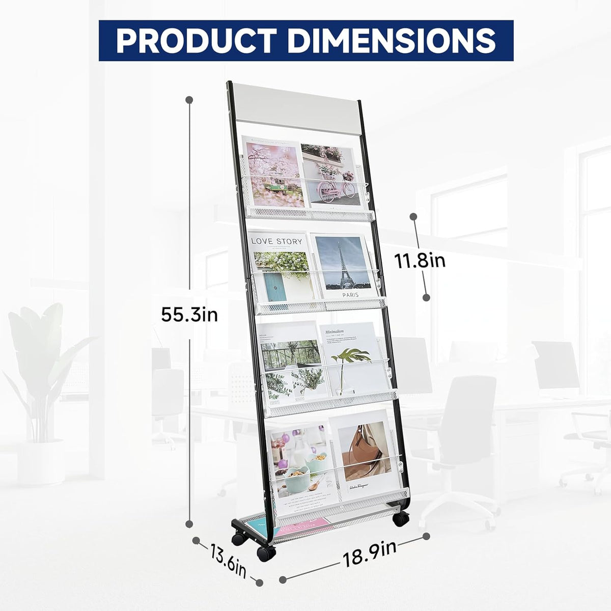 4-Tier Floor-Standing Magazine Rack with Wheels – Perfect Brochure Display Stand for Exhibitions